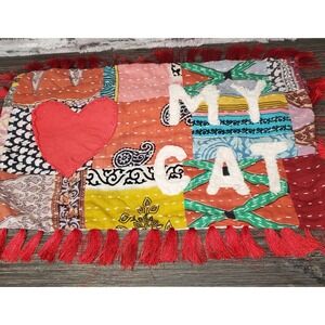 Love My Cat Throw Pillow Cover 11x18 Patchwork Multicolor Red Tassel Rectangle